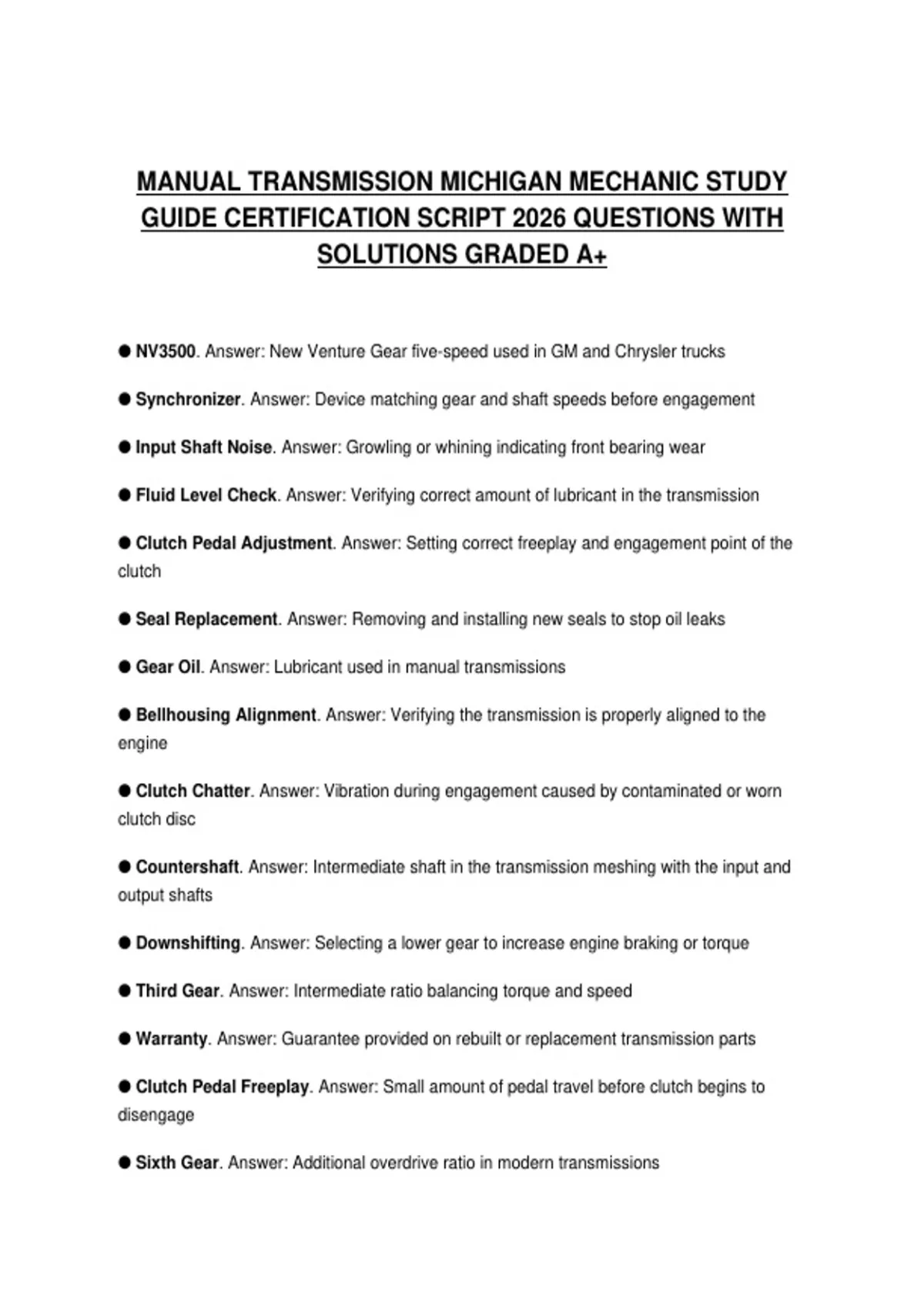MANUAL TRANSMISSION MICHIGAN MECHANIC STUDY GUIDE ACTUAL EXAM PAPER 2026 QUESTIONS WITH ANSWERS ...