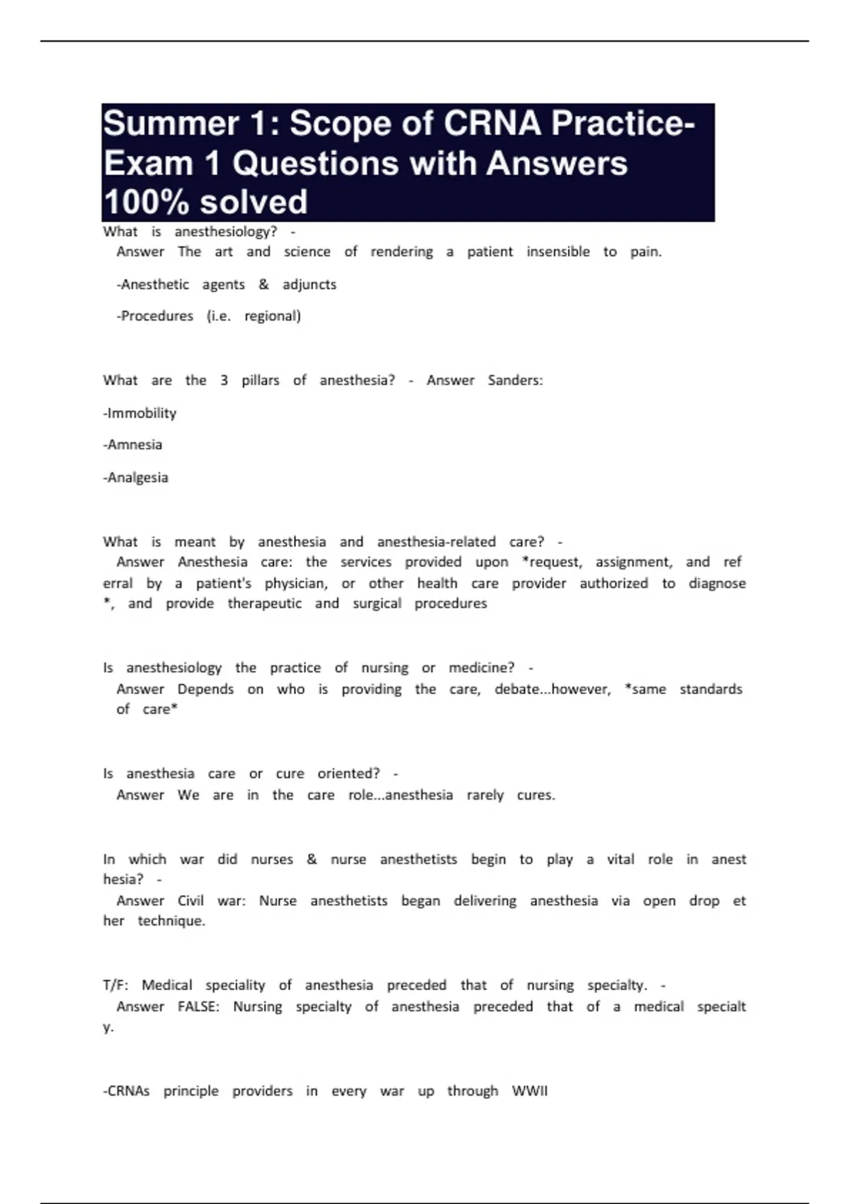 Crna Math Problems Summer 1: Scope of CRNA Practice-Exam 1 Questions with Answers 100% ...