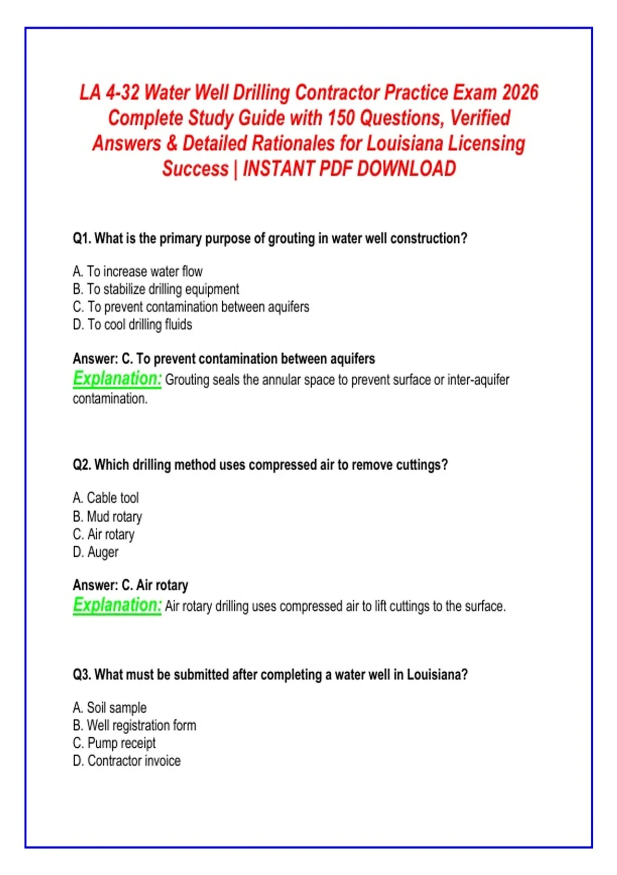 LA 4-32 Water Well Drilling Contractor Practice Exam 2026 Complete ...