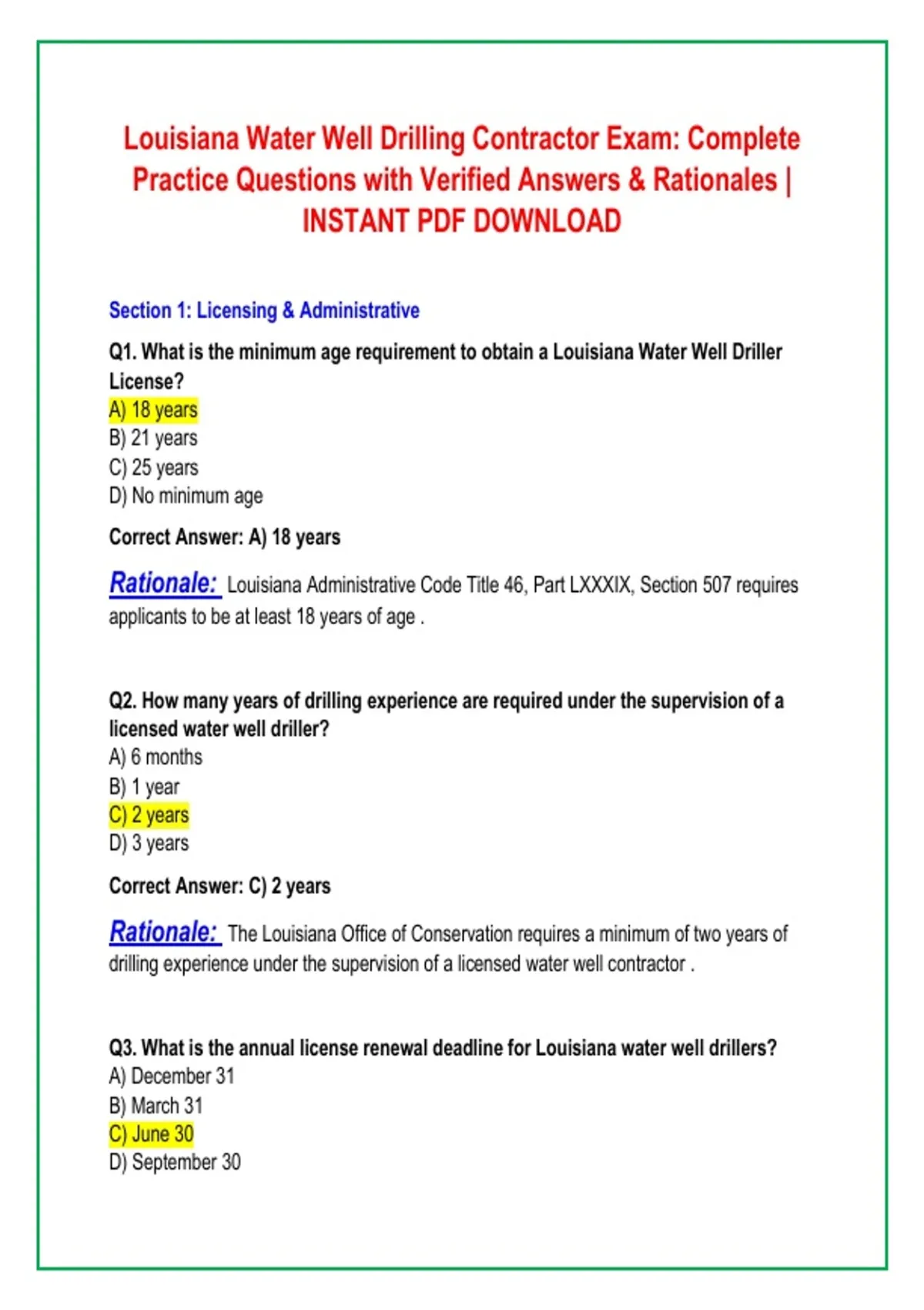 Louisiana Water Well Drilling Contractor Exam: Complete Practice Questions with Verified Answers ...