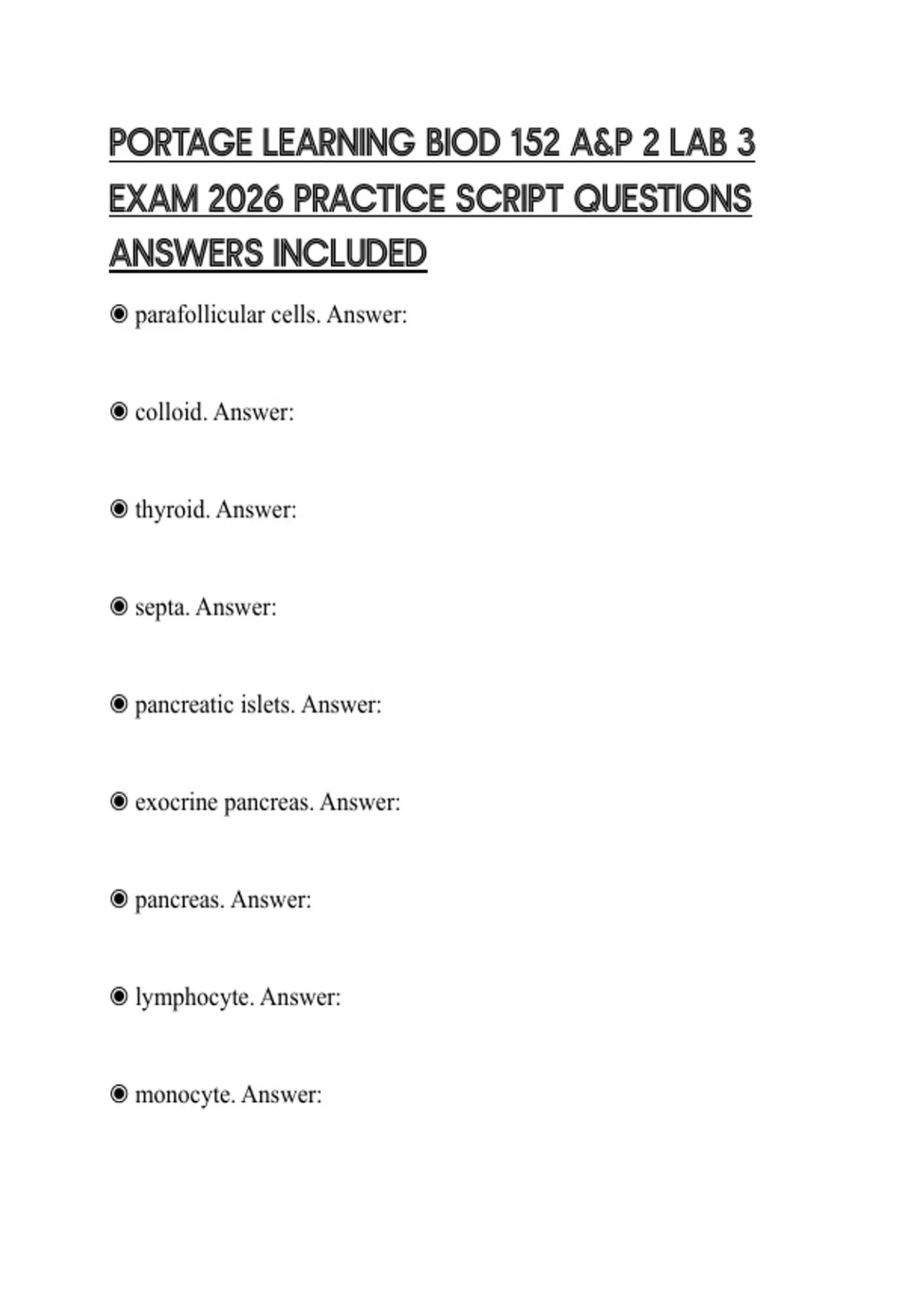 PORTAGE LEARNING BIOD 152 A&P 2 LAB 3 EXAM 2026 PRACTICE SCRIPT ...