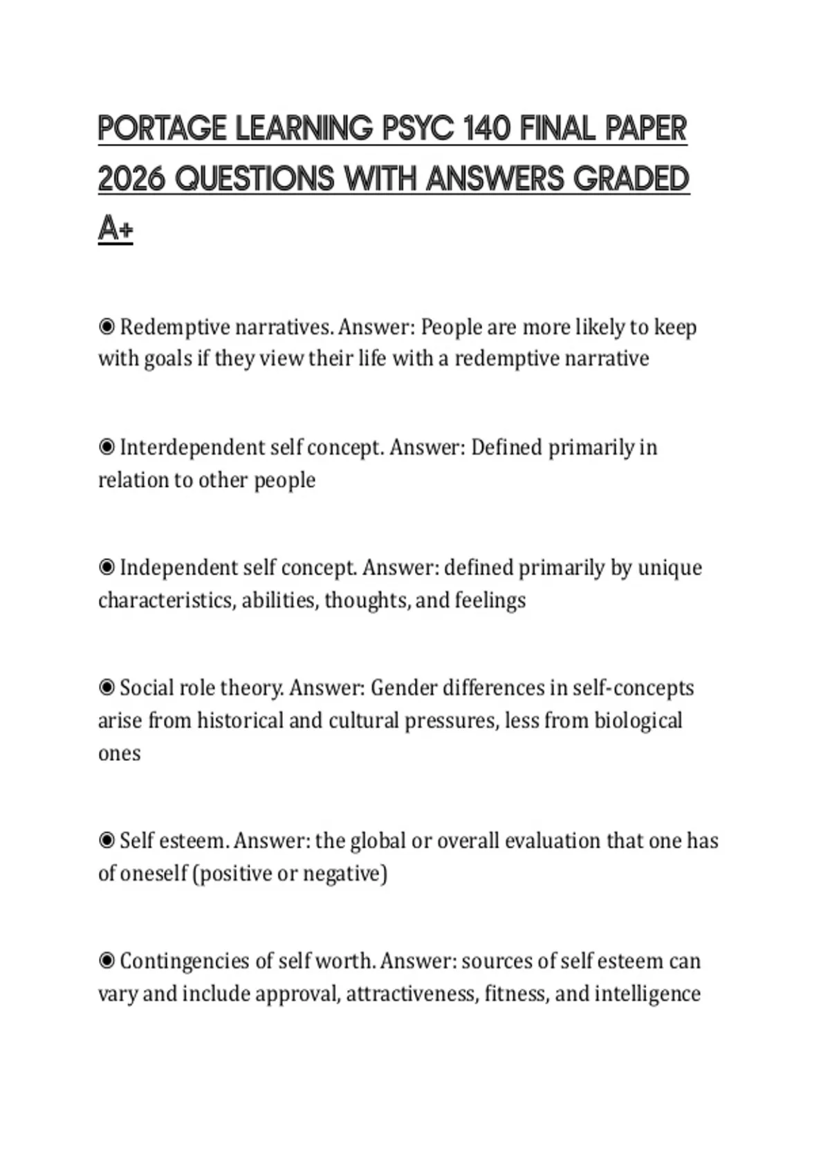 PORTAGE LEARNING PSYC 140 FINAL PAPER 2026 QUESTIONS WITH ANSWERS ...