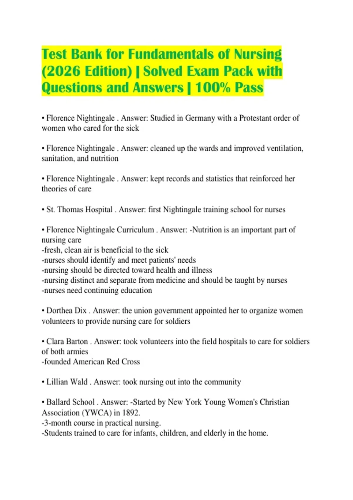 Test Bank for Fundamentals of Nursing (2026 Edition) | Solved Exam Pack ...