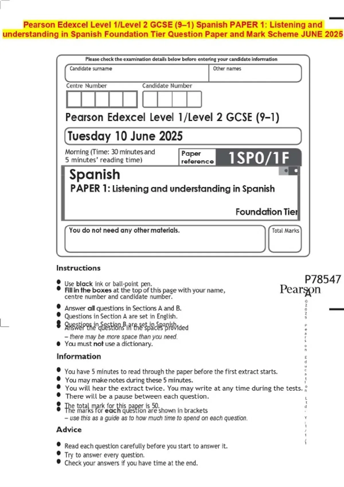 Pearson Edexcel Level 1/Level 2 GCSE (9–1) Spanish PAPER 1: Listening ...