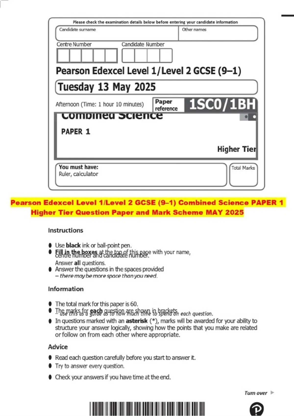 Pearson Edexcel Level 1/Level 2 GCSE (9–1) Combined Science PAPER 1 ...