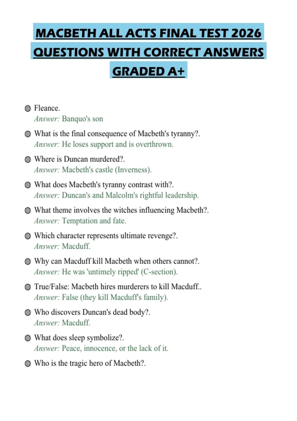 MACBETH ALL ACTS FINAL TEST 2026 QUESTIONS WITH CORRECT ANSWERS GRADED ...