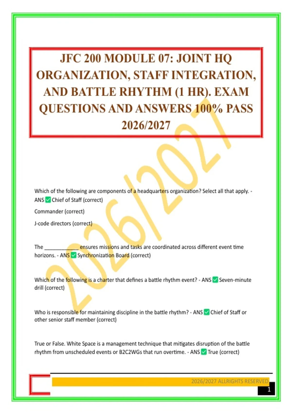 Jfc 100 Module JFC 200 MODULE 07: JOINT HQ ORGANIZATION, STAFF INTEGRATION, AND BATTLE ...