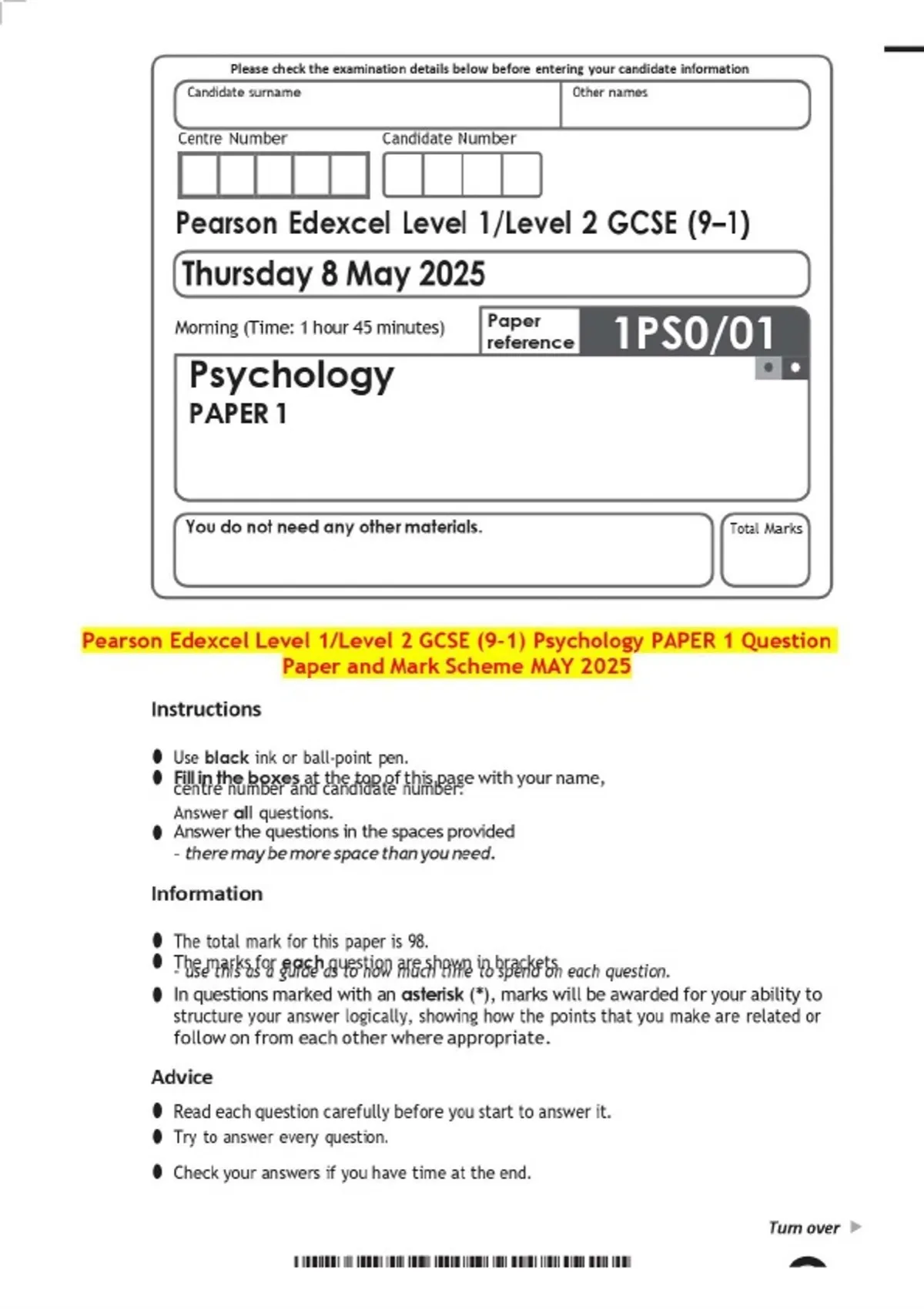 Pearson Edexcel Level 1/Level 2 GCSE (9–1) Psychology PAPER 1 Question ...