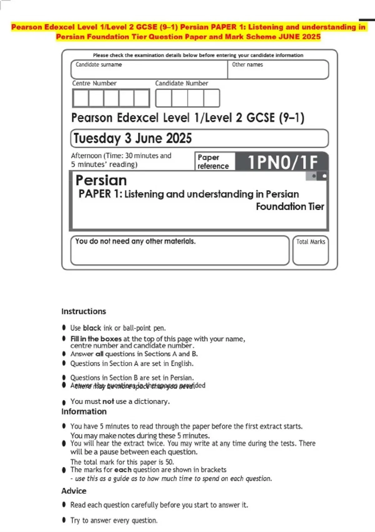 Pearson Edexcel Level 1/Level 2 GCSE (9–1) Persian PAPER 1: Listening ...