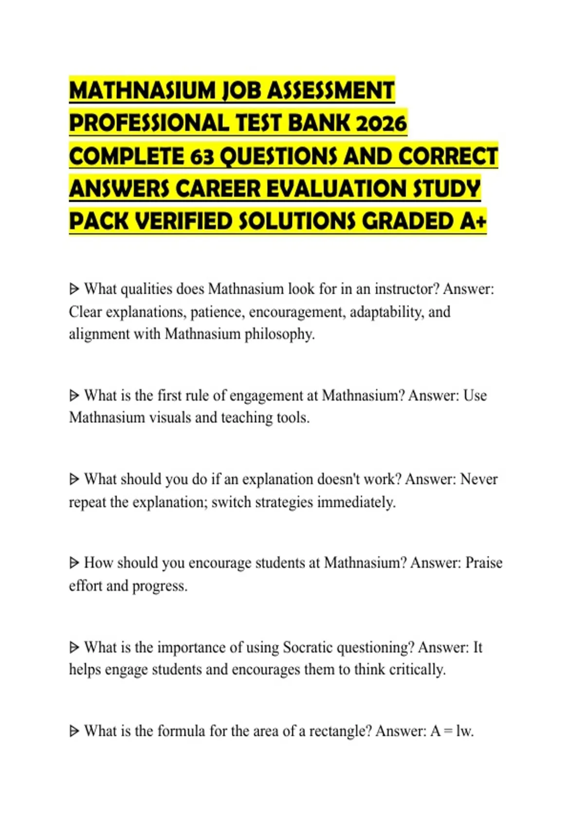 MATHNASIUM JOB ASSESSMENT PROFESSIONAL TEST BANK 2026 COMPLETE 63 QUESTIONS AND CORRECT ANSWERS ...