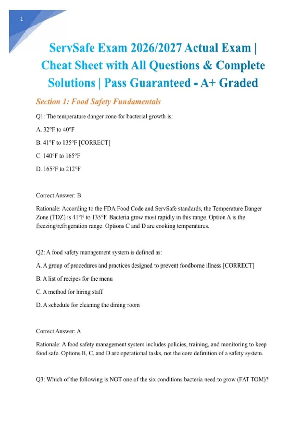 ServSafe Exam 2026/2027 Actual Exam | Cheat Sheet with All Questions ...