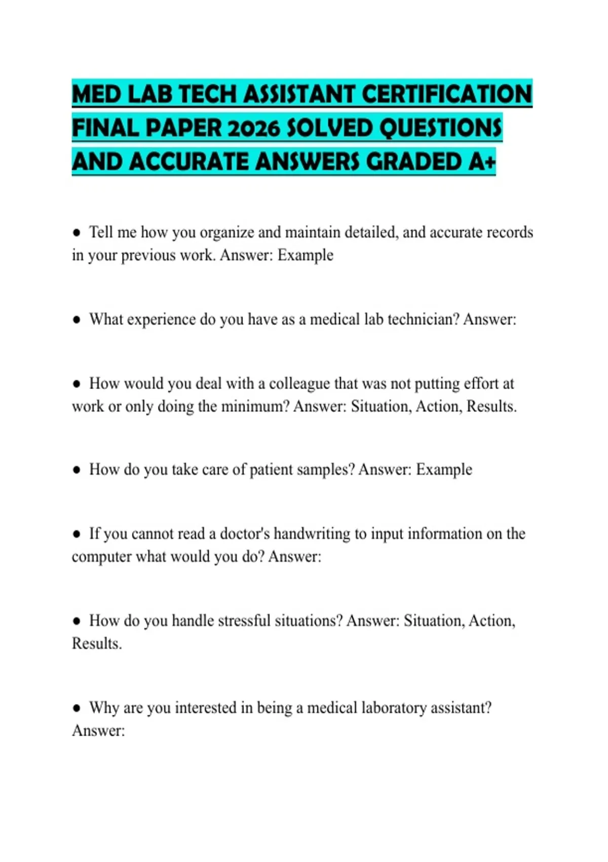 MED LAB TECH ASSISTANT CERTIFICATION FINAL PAPER 2026 SOLVED QUESTIONS ...