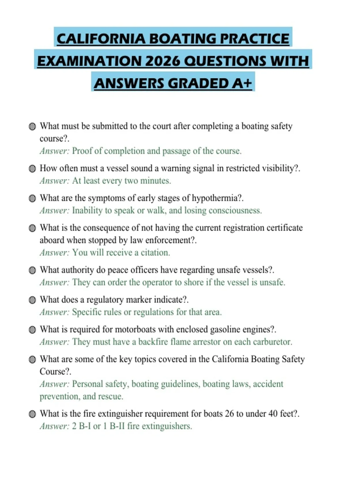 CALIFORNIA BOATING PRACTICE EXAMINATION 2026 QUESTIONS WITH ANSWERS ...