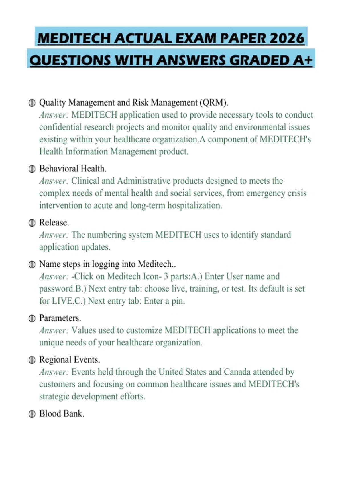 MEDITECH ACTUAL EXAM PAPER 2026 QUESTIONS WITH ANSWERS GRADED A+ ...