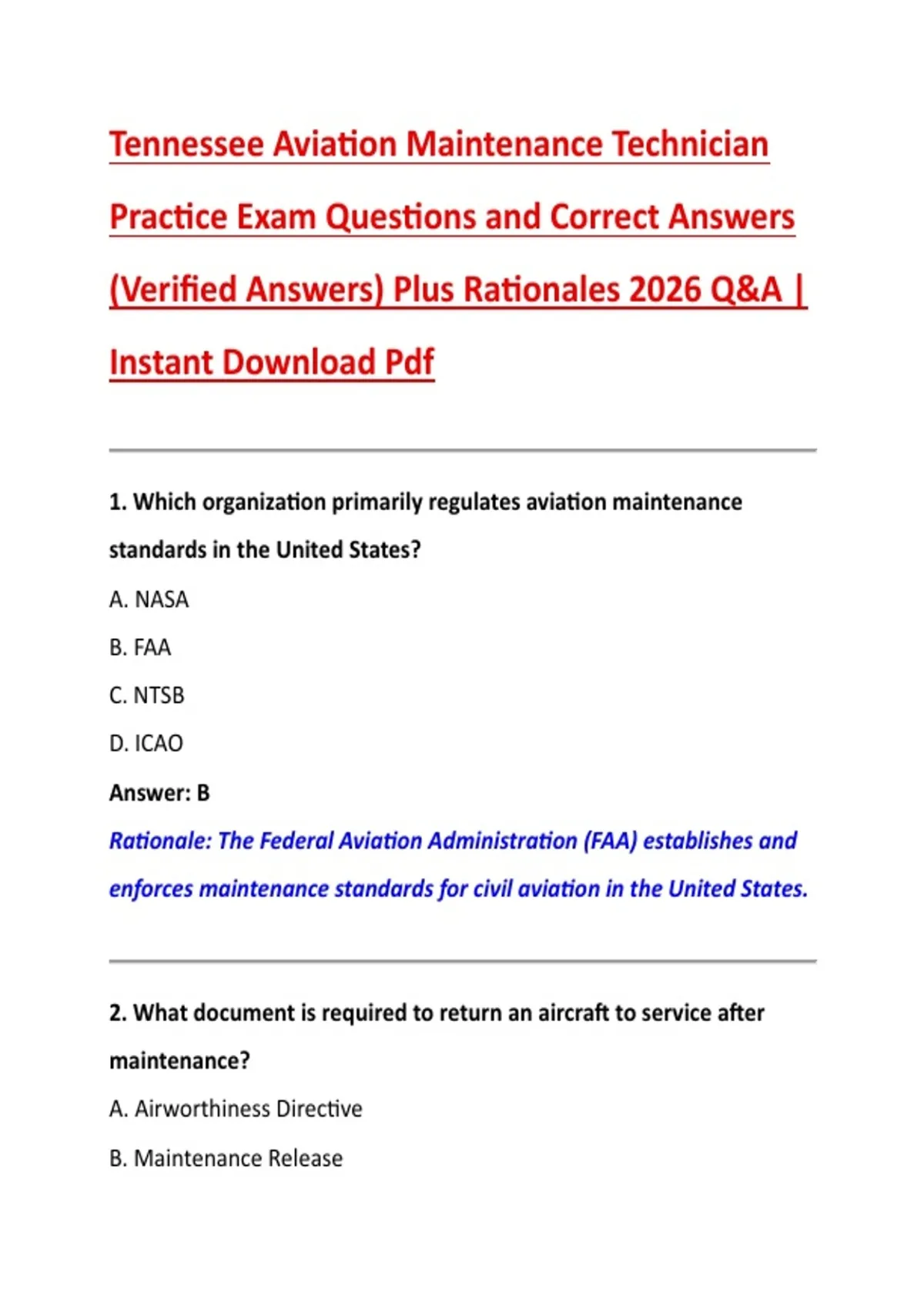 Tennessee Aviation Maintenance Technician Practice Exam Questions and ...