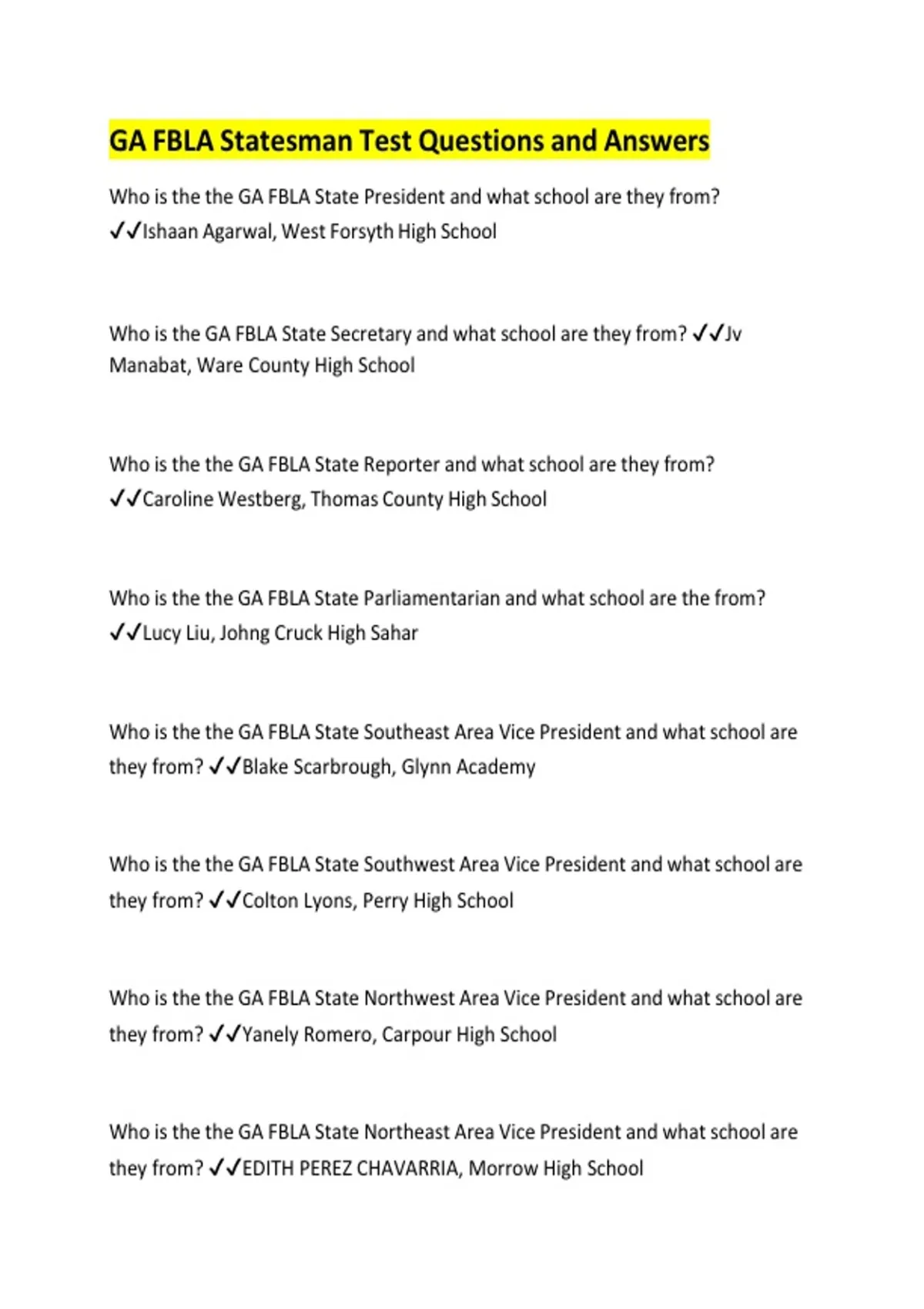 GA FBLA Statesman Test Questions and Answers - FBLA - Stuvia US