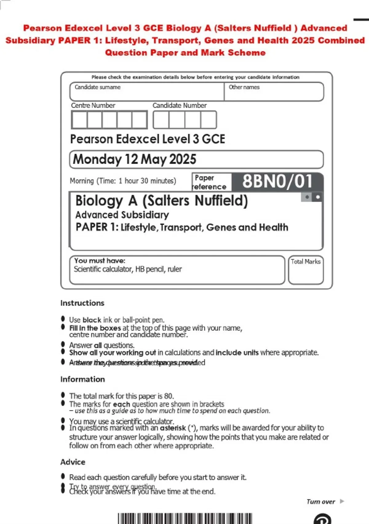 Pearson Edexcel Level 3 GCE Biology A (Salters Nuffield ) Advanced ...