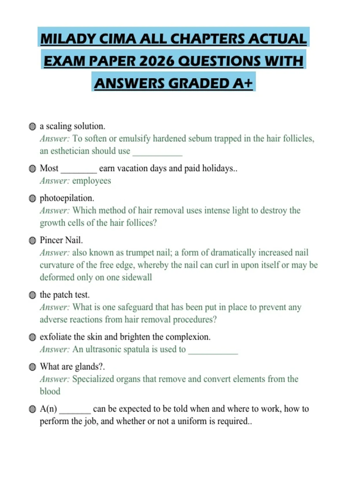 MILADY CIMA ALL CHAPTERS ACTUAL EXAM PAPER 2026 QUESTIONS WITH ANSWERS ...