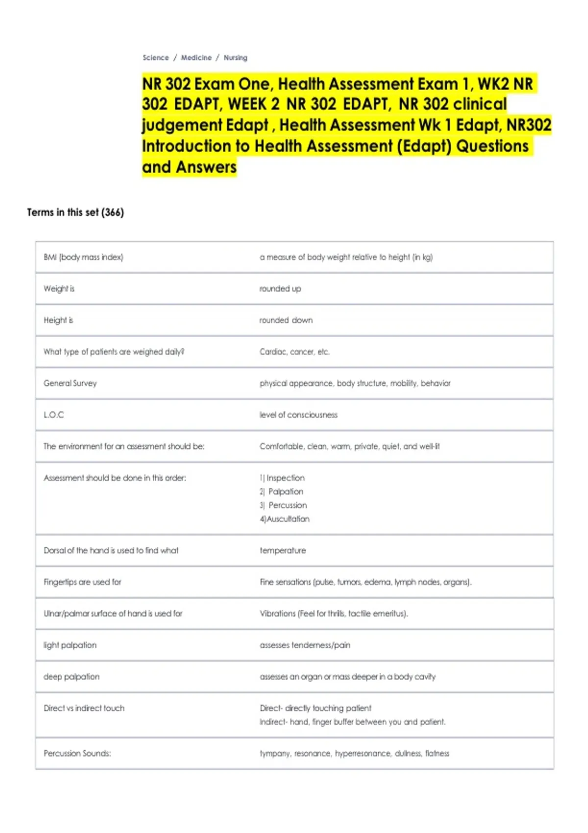 NR 302 Exam One, Health Assessment Exam 1, WK2 NR 302 EDAPT, WEEK 2 NR ...