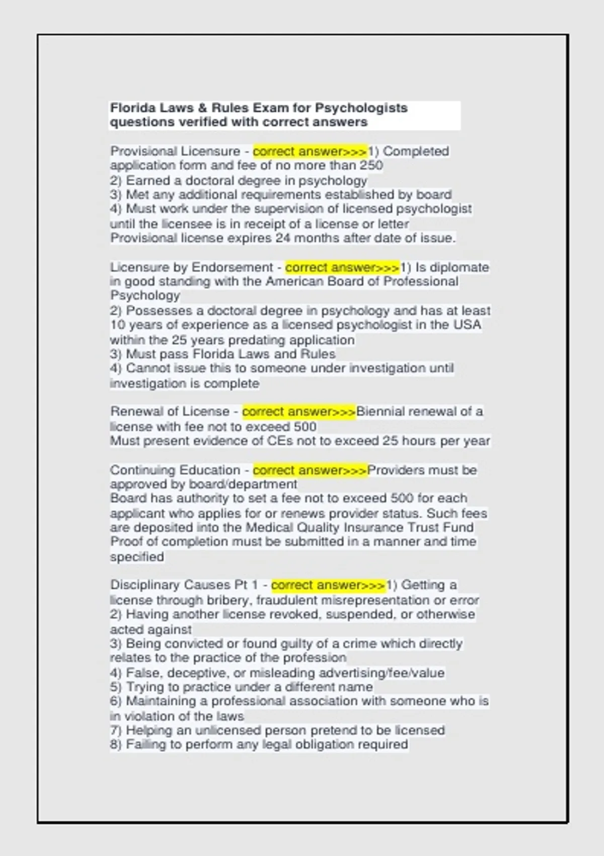 Florida Laws & Rules Exam for Psychologists questions verified with ...