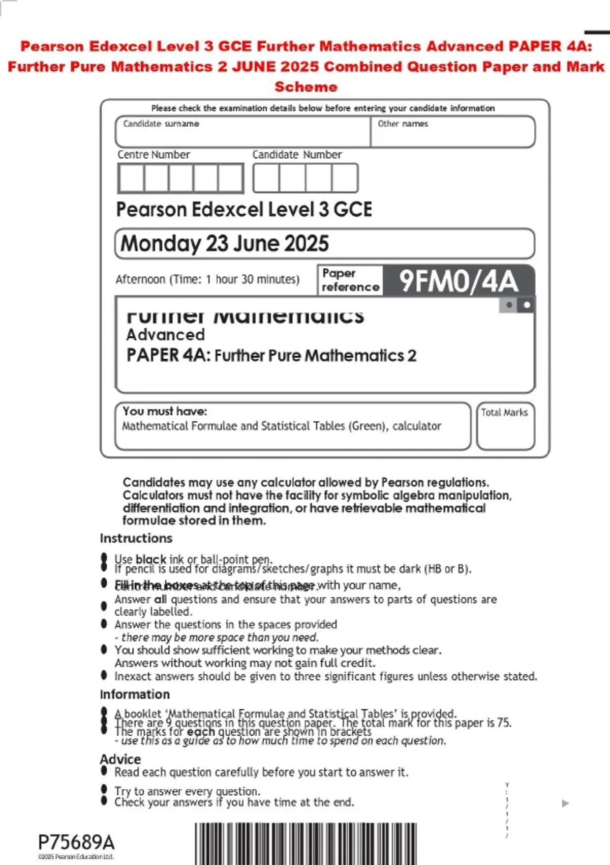 Pearson Edexcel Level 3 GCE Further Mathematics Advanced PAPER 4A ...