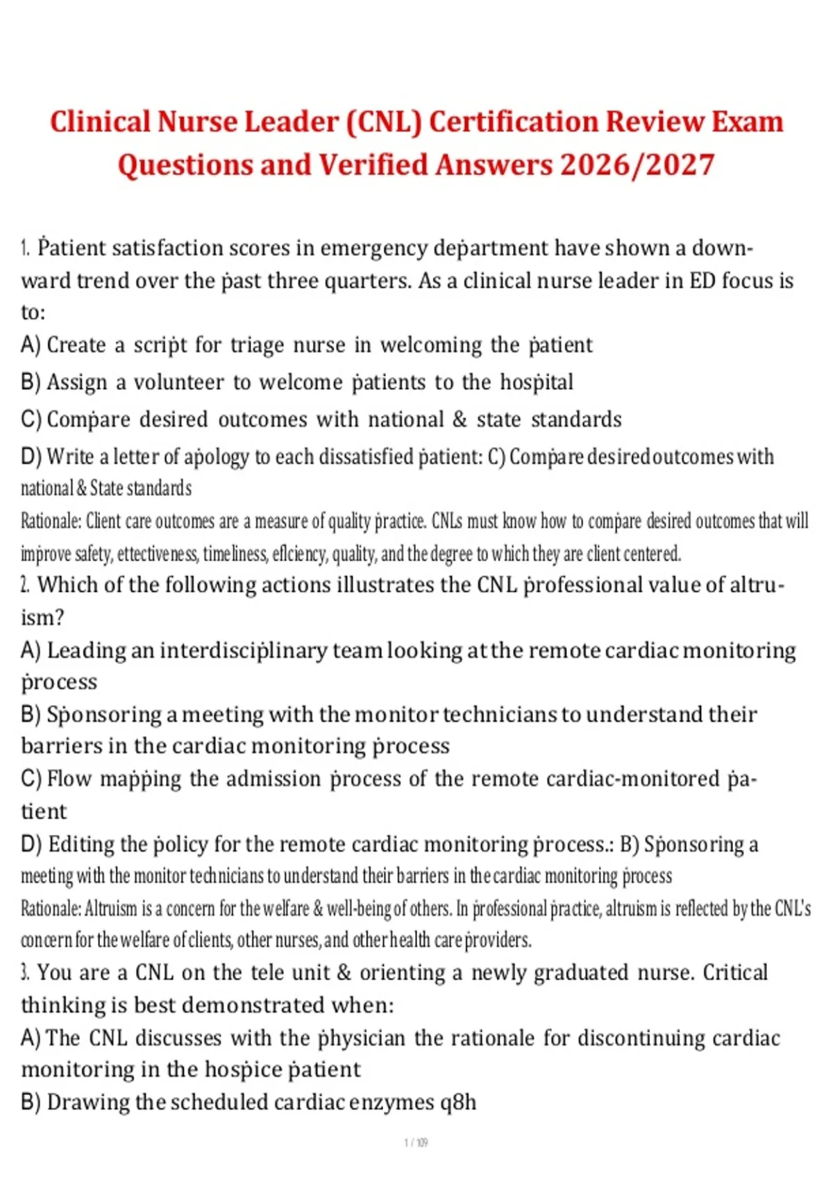 Clinical Nurse Leader (CNL) – Certification Review Exam Questions and ...