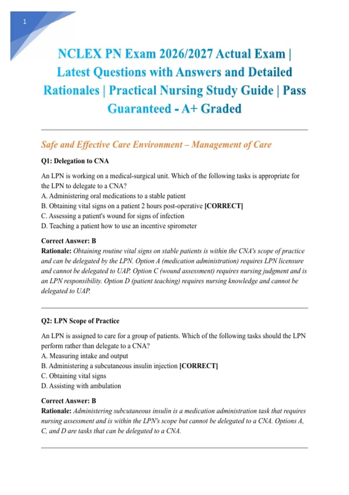 NCLEX PN Exam 2026/2027 Actual Exam | Latest Questions with Answers and ...
