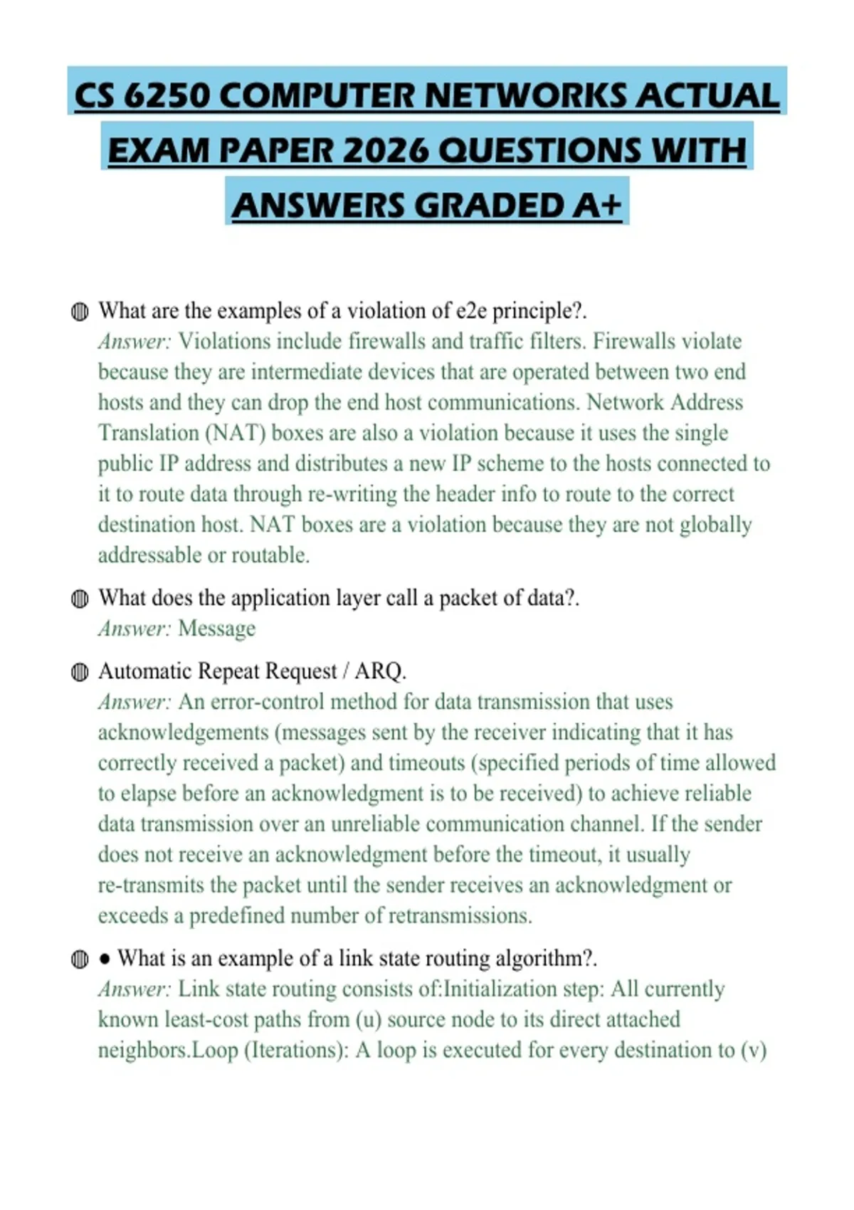 CS 6250 COMPUTER NETWORKS ACTUAL EXAM PAPER 2026 QUESTIONS WITH ANSWERS ...