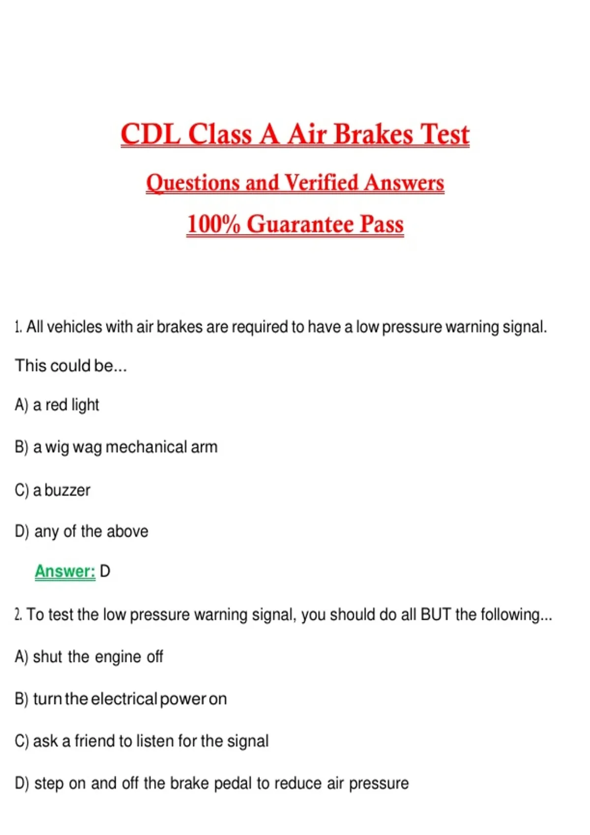CDL Class A Air Brakes Test 2026 | Complete Questions and Guide Answers ...