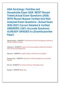 AQA Sociology&colon; Families and  Households Exam 2026  MOST Recent  Tested&comma;Actual Exam Questions &lpar;2026&rpar;  WITH Recent Newest Verified And Well  Analyzed Exam Questions  &lpar;Actual Exam  2026-2027&rpar; Correct Detailed & Verified  ANSWERS &lpar;100&percnt; Accurate Solutions&rpar;  AL