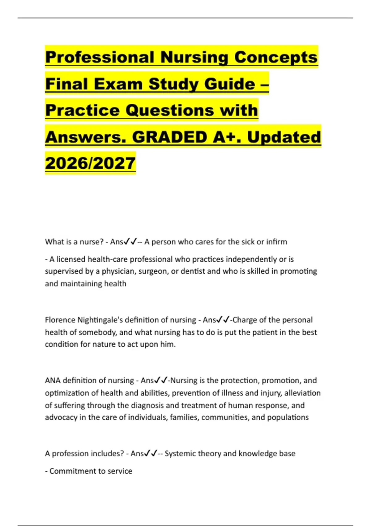 Professional Nursing Concepts Final Exam Study Guide – Practice ...