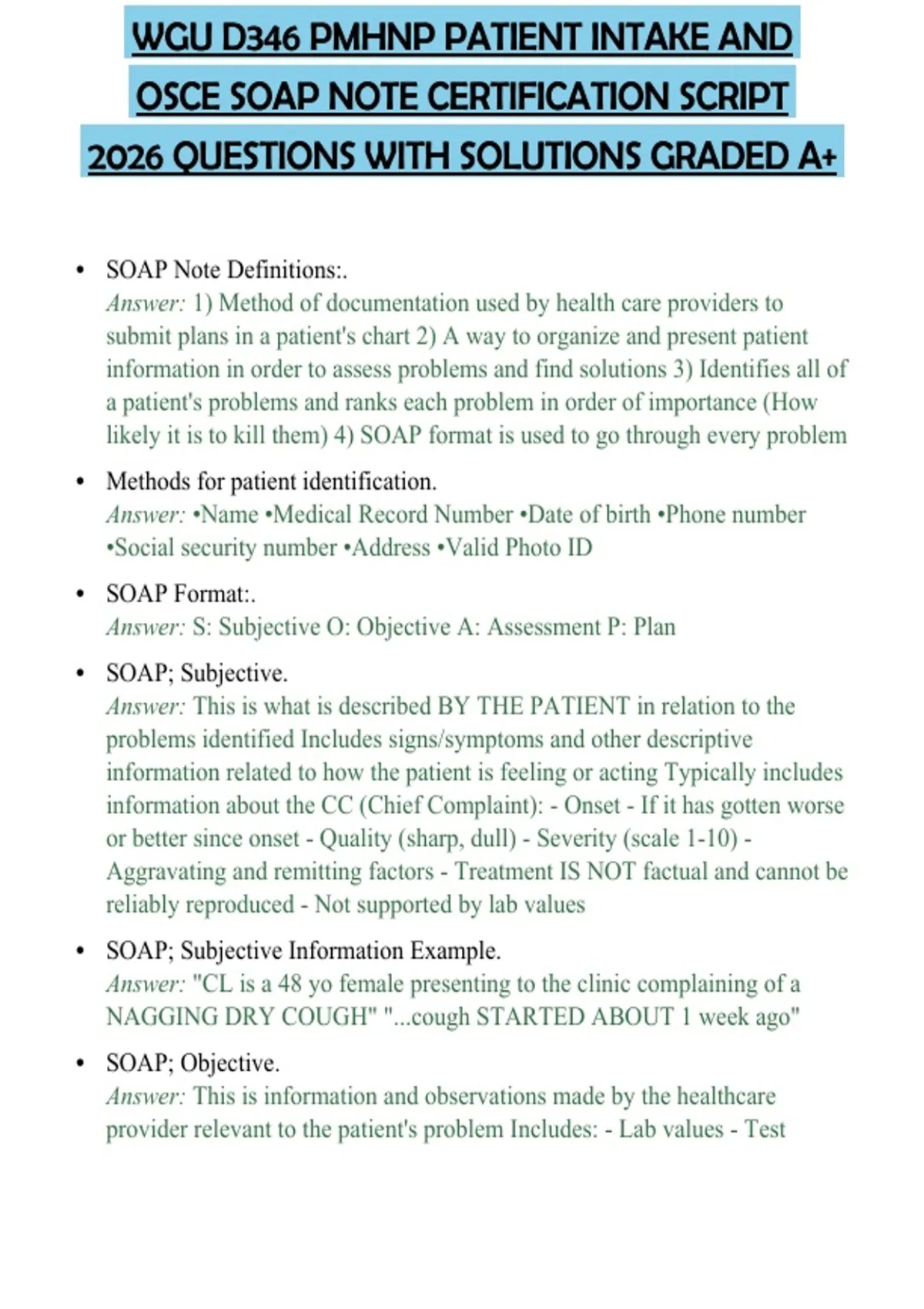 Patient Script Osce WGU D346 PMHNP PATIENT INTAKE AND OSCE SOAP NOTE CERTIFICATION SCRIPT ...