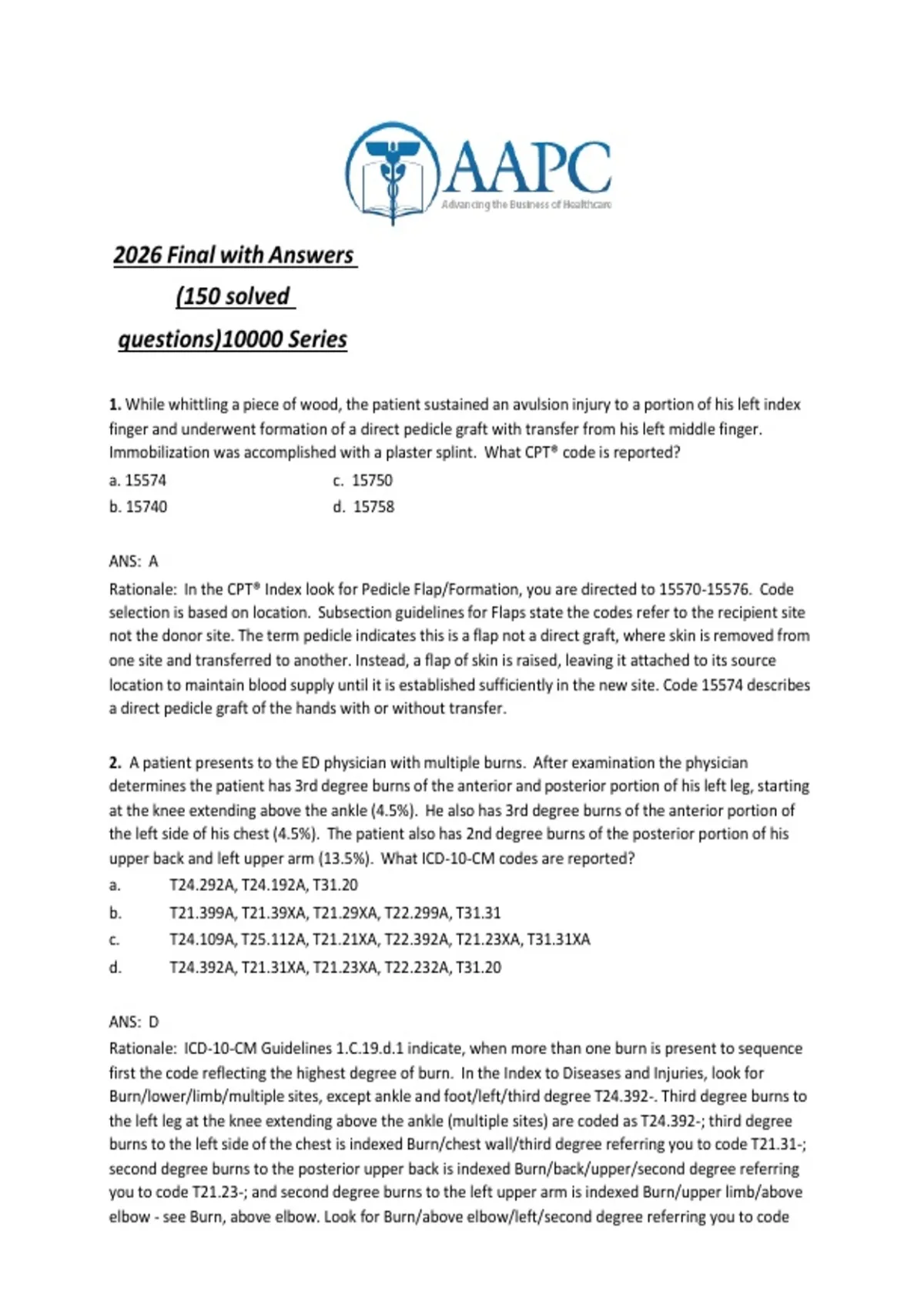 AAPC CPC Exam Final – 150 Questions with Answers & Rationales - AAPC ...