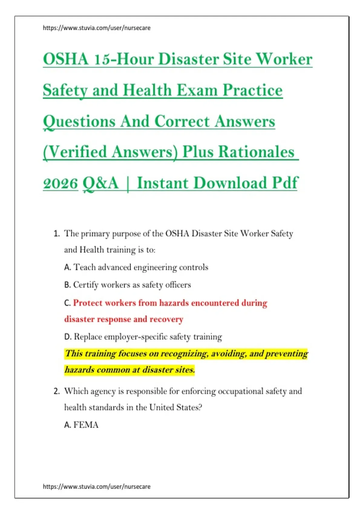 OSHA 15-Hour Training Exam Questions and Answers 2026 Study Guide ...
