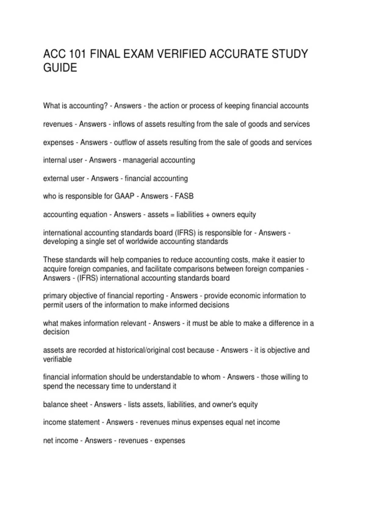 ACC 101 FINAL EXAM VERIFIED ACCURATE STUDY GUIDE - ACC 101 - Stuvia US