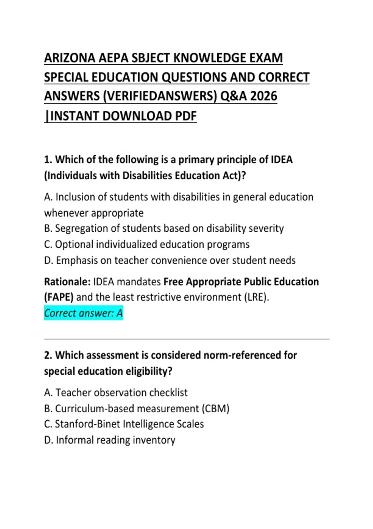 Arizona AEPA Subject Knowledge Exam – Special Education Practice Questions and Correct Answers ...