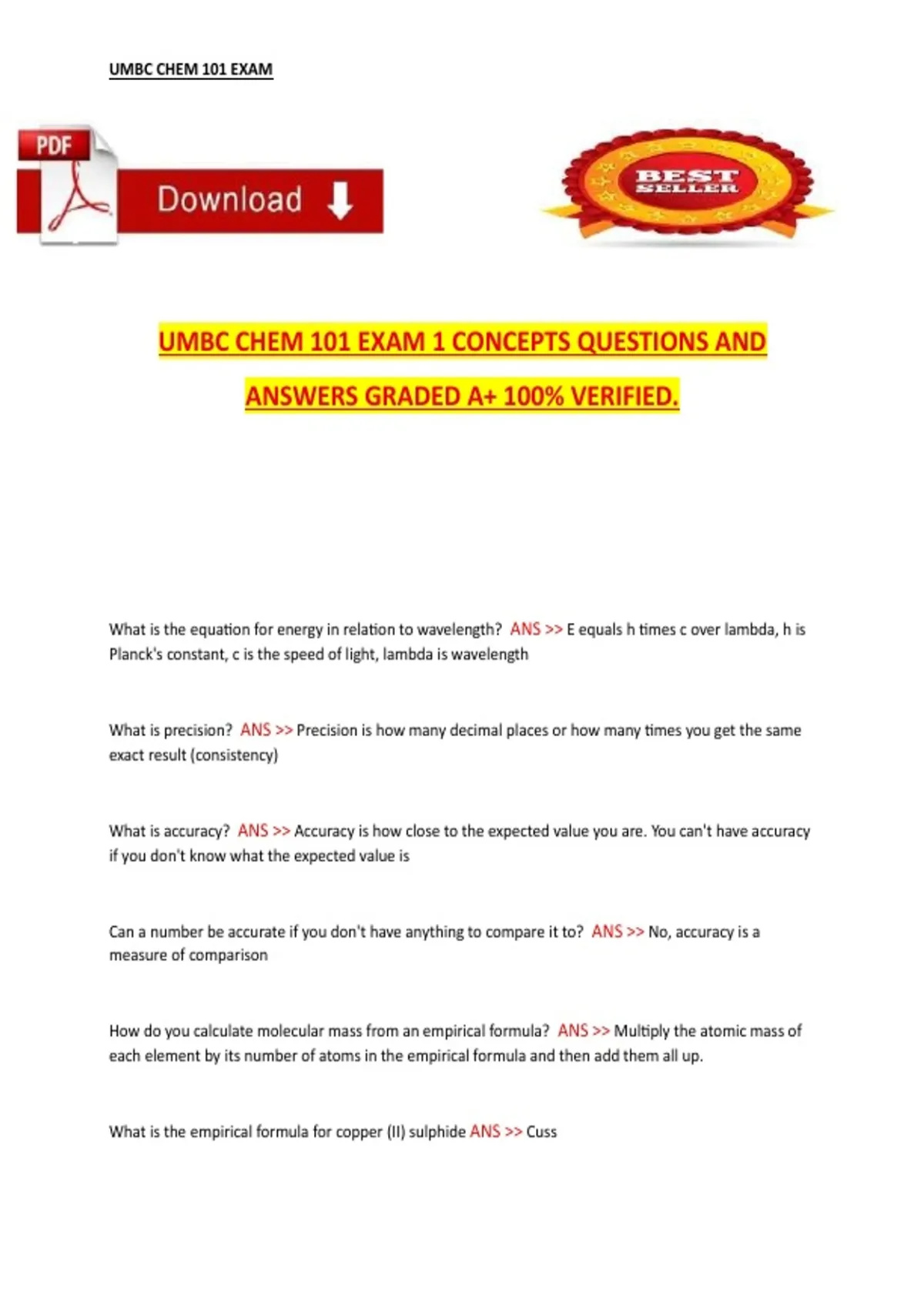 UMBC CHEM 101 Exam 1 – Concepts Questions and Answers | 100% Verified ...