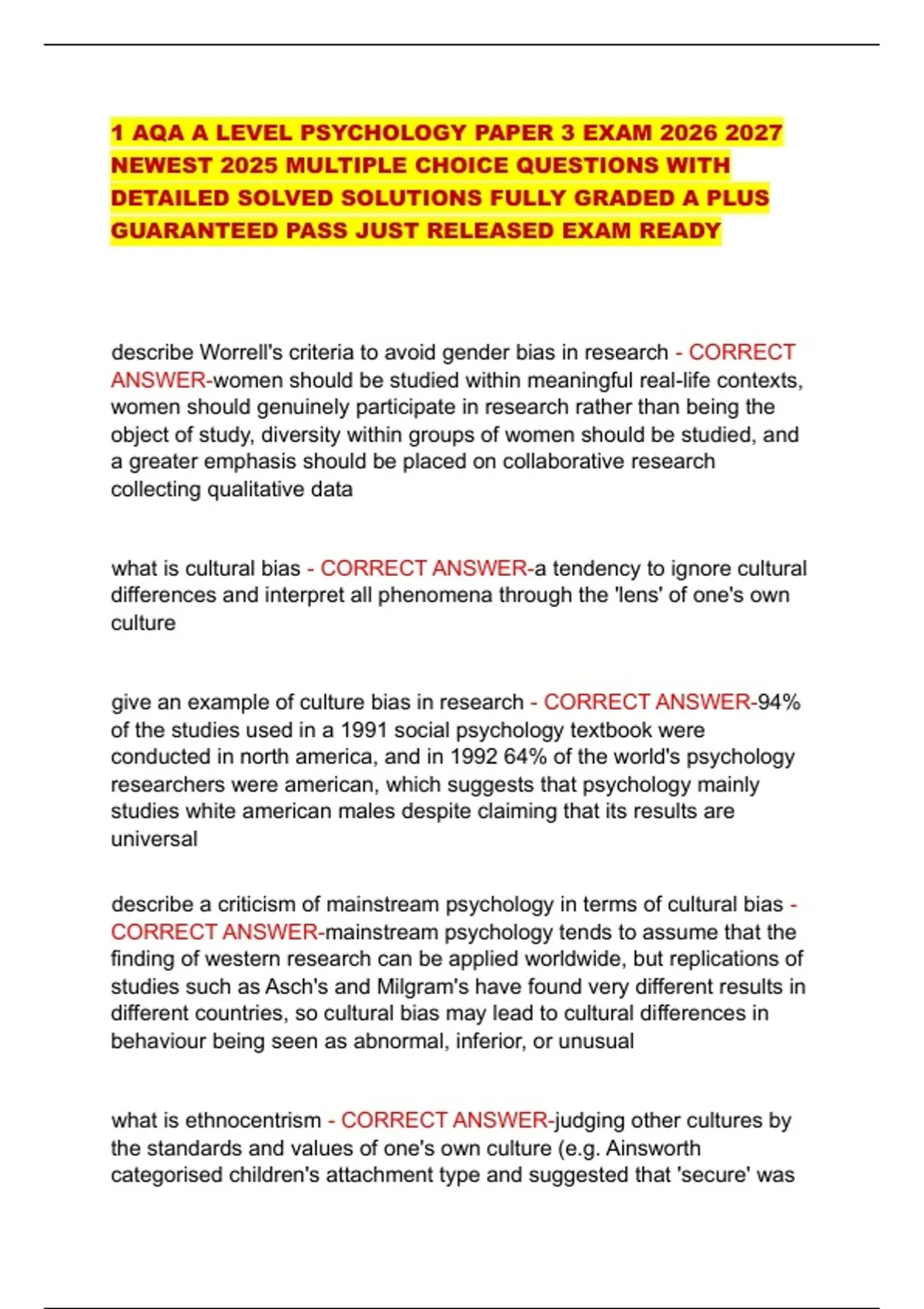 1 AQA A LEVEL PSYCHOLOGY PAPER 3 EXAM NEWEST 2025 MULTIPLE CHOICE ...