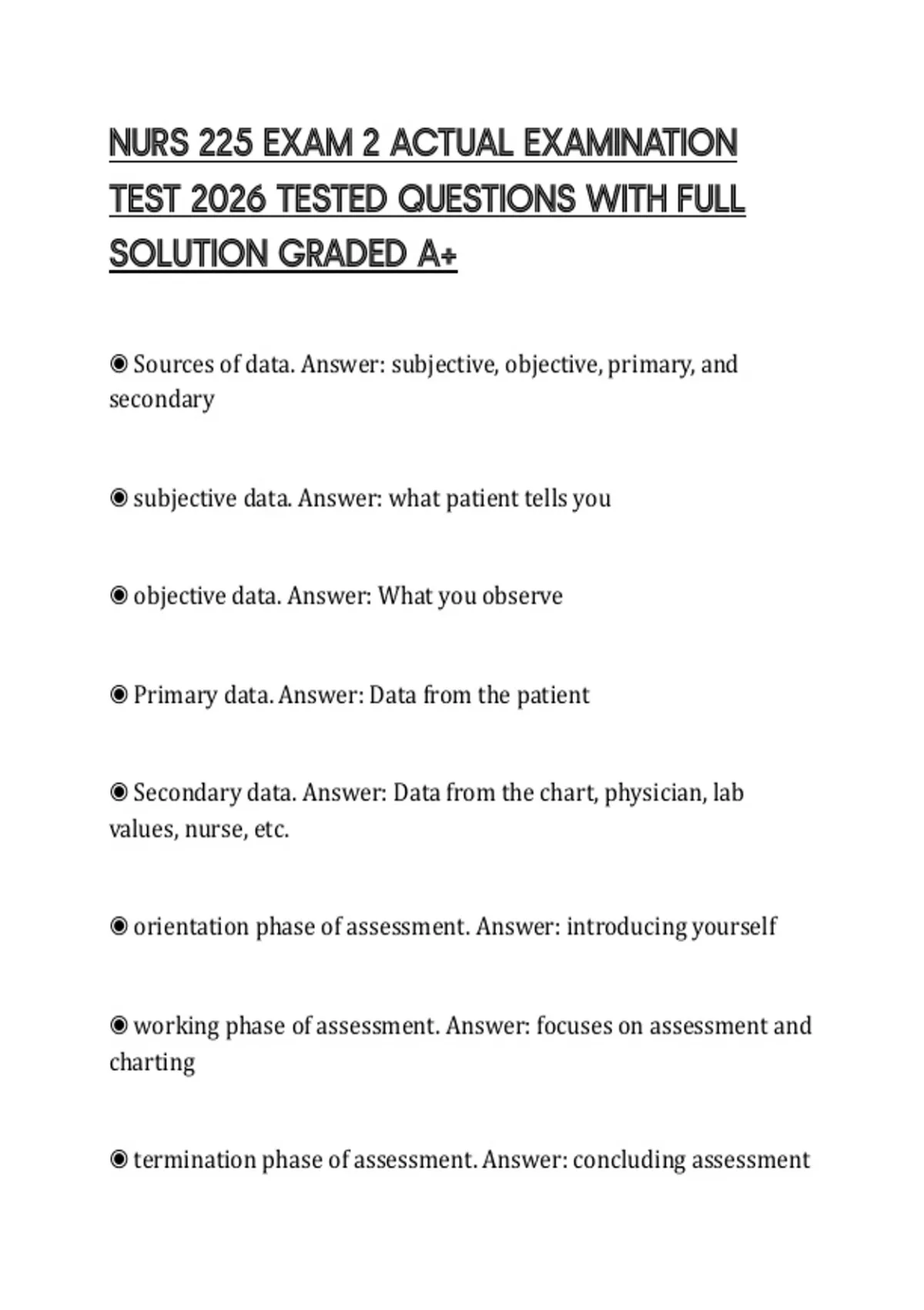 NURS 225 EXAM 2 ACTUAL EXAMINATION TEST 2026 TESTED QUESTIONS WITH FULL ...