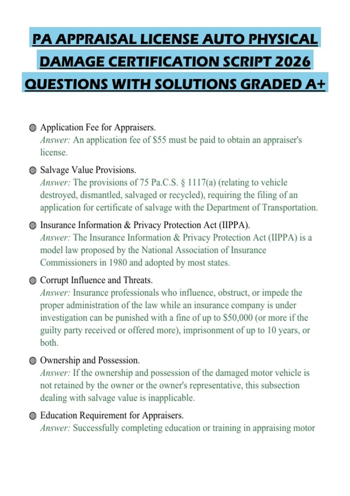 Pa Script Example PA APPRAISAL LICENSE AUTO PHYSICAL DAMAGE CERTIFICATION SCRIPT 2026 ...