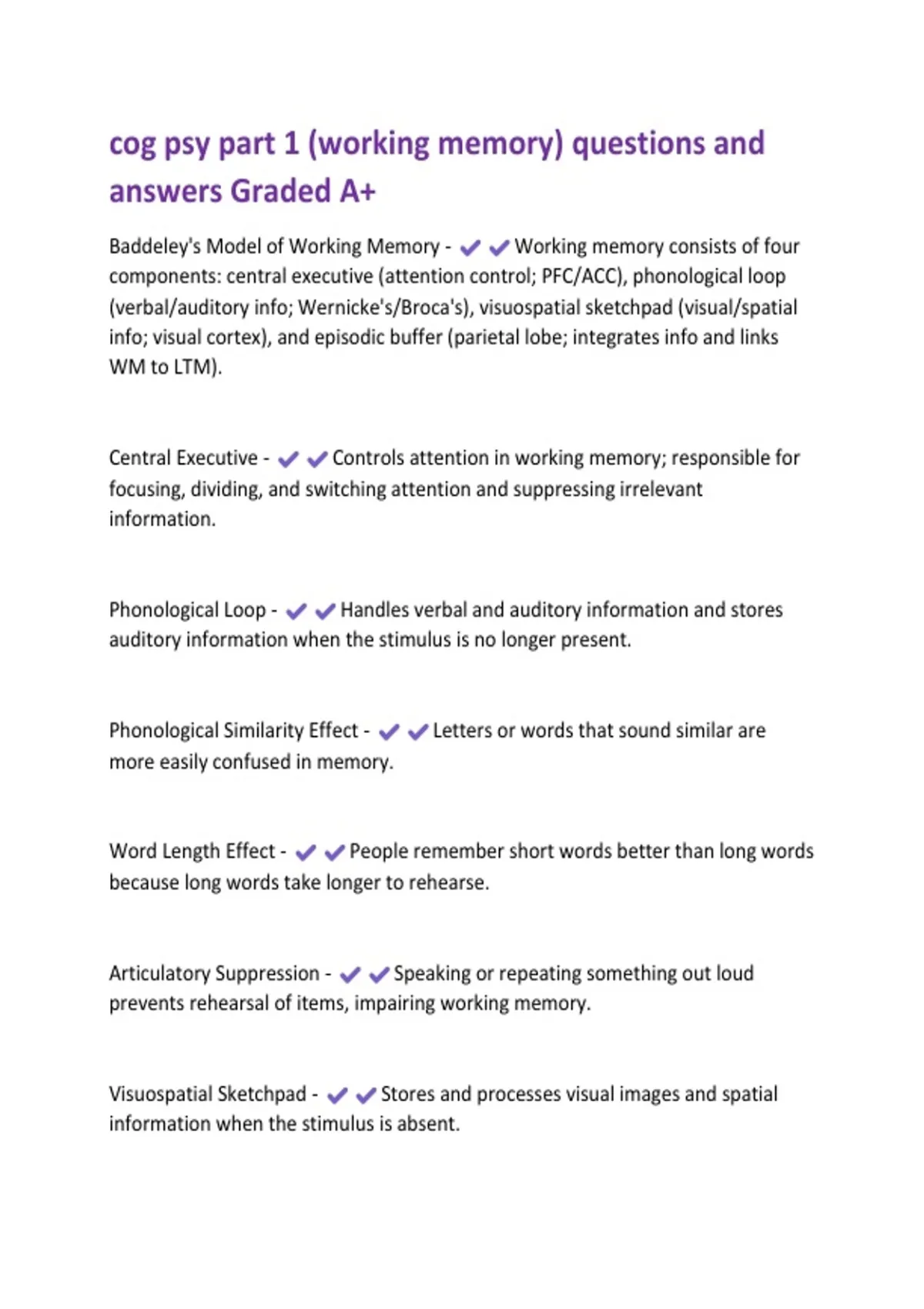 Working Memory Questions cog psy part 1 (working memory) questions and answers Graded A+ ...