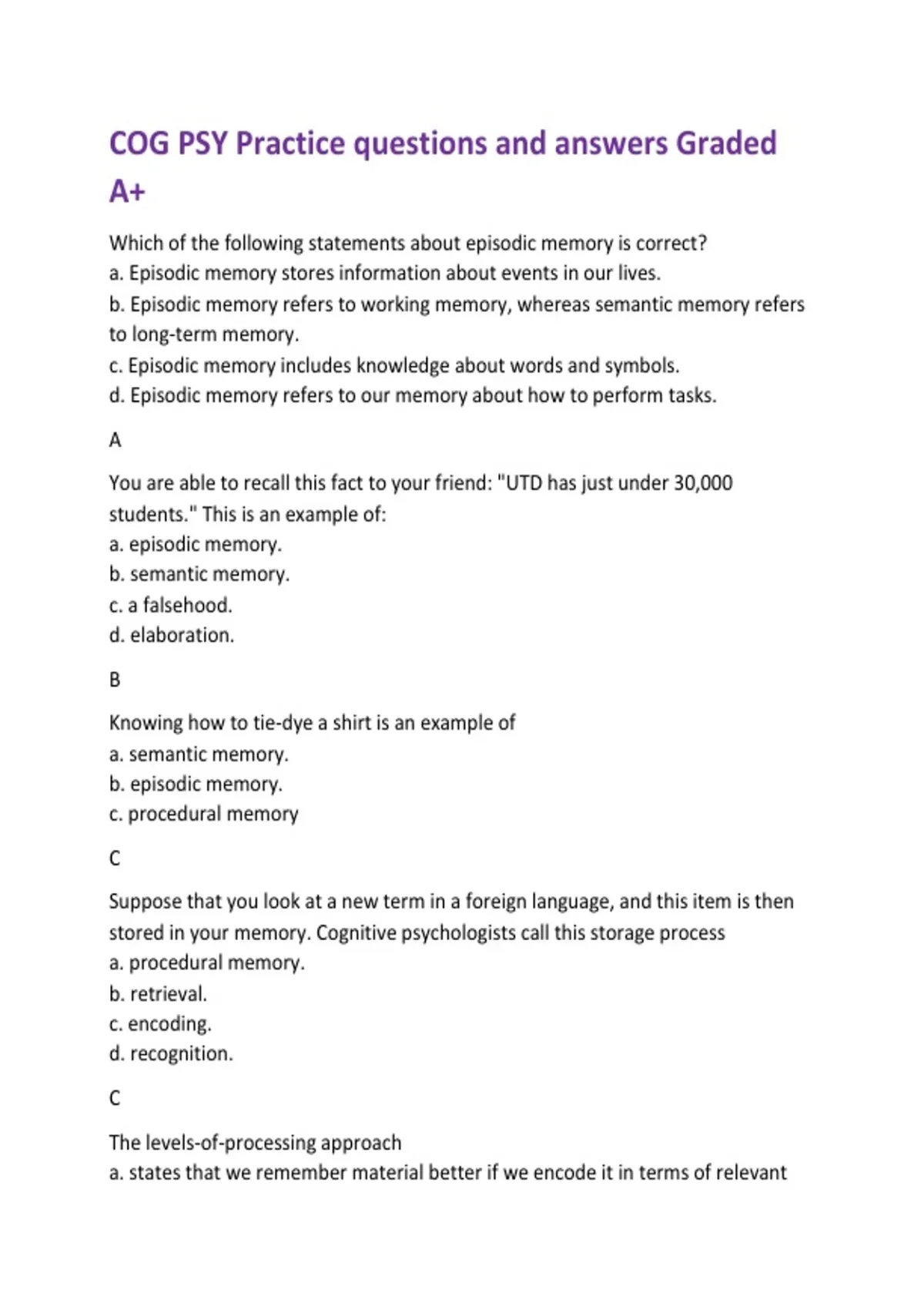 COG PSY Practice questions and answers Graded A+ - Cog psy - Stuvia US
