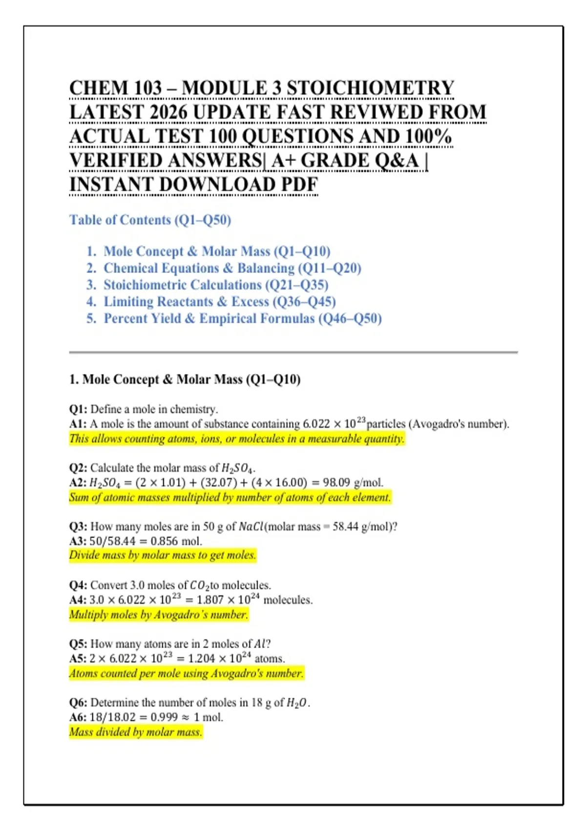 CHEM 103 – MODULE 3 STOICHIOMETRY LATEST 2026 UPDATE FAST REVIWED FROM ...