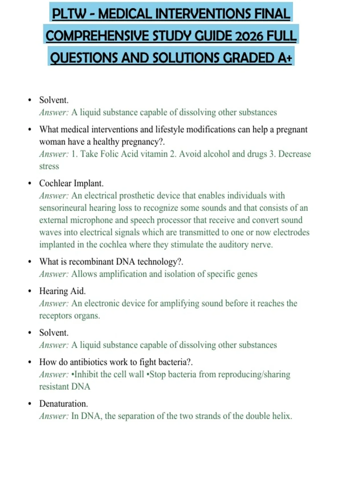 PLTW - MEDICAL INTERVENTIONS FINAL COMPREHENSIVE STUDY GUIDE 2026 FULL ...