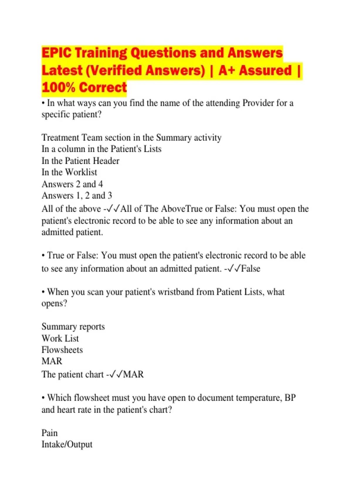 EPIC Training Questions and Answers Latest (Verified Answers) | A+ ...