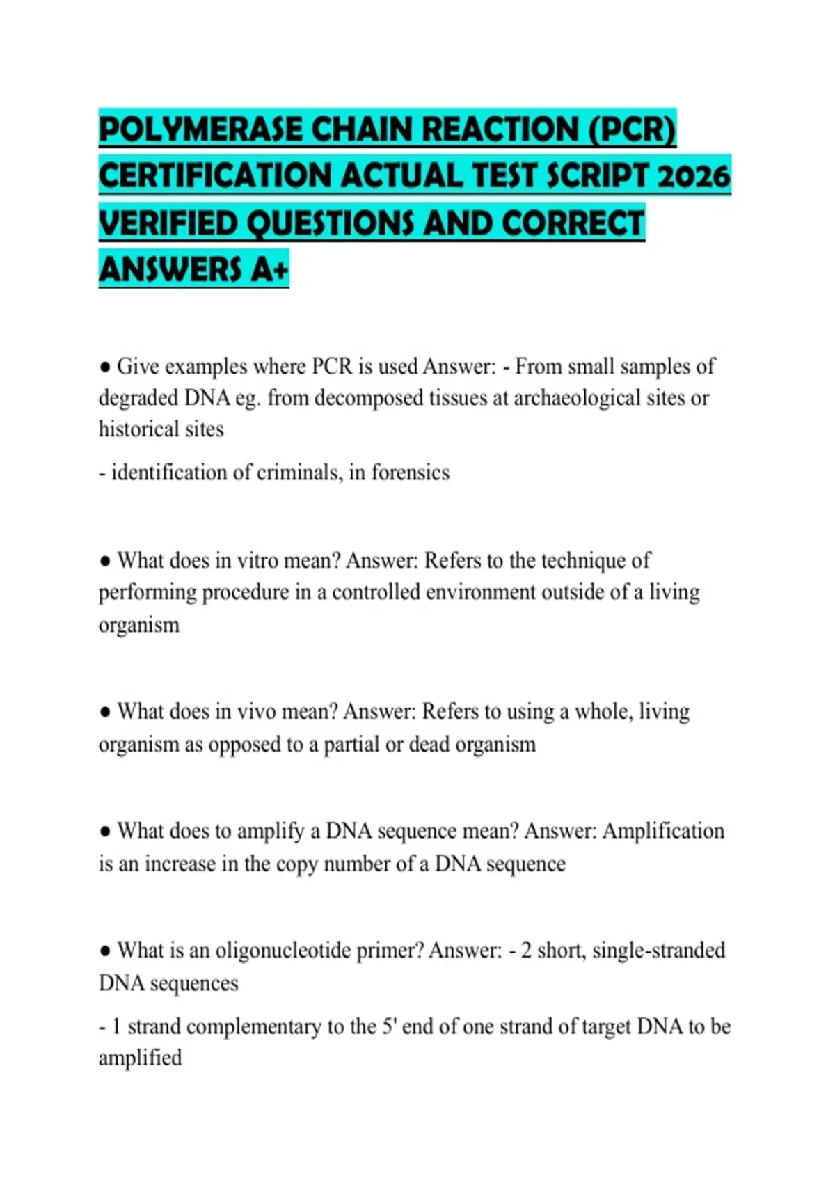 POLYMERASE CHAIN REACTION (PCR) CERTIFICATION ACTUAL TEST SCRIPT 2026 ...