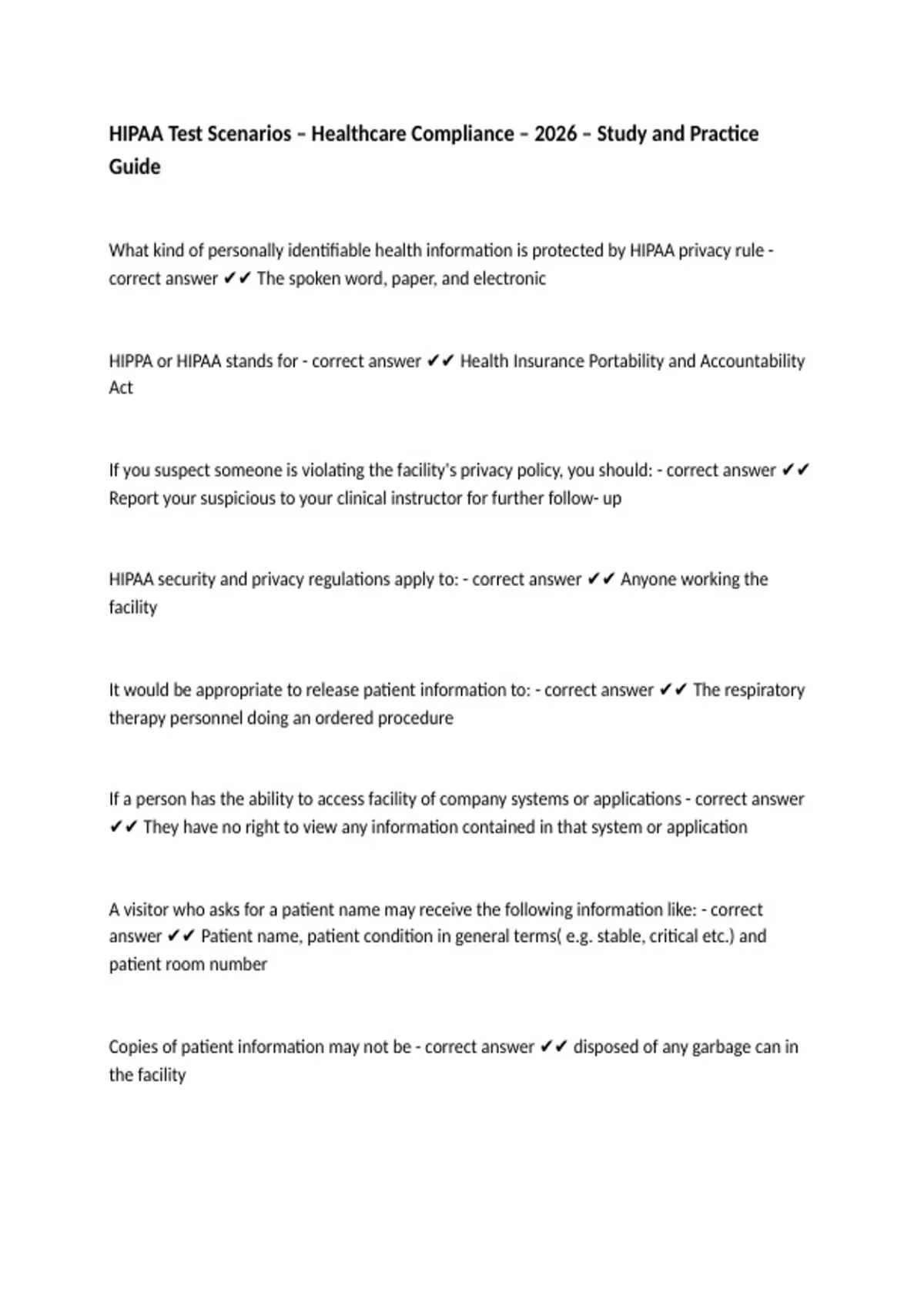HIPAA Test Scenarios – Healthcare Compliance – 2026 – Study and ...