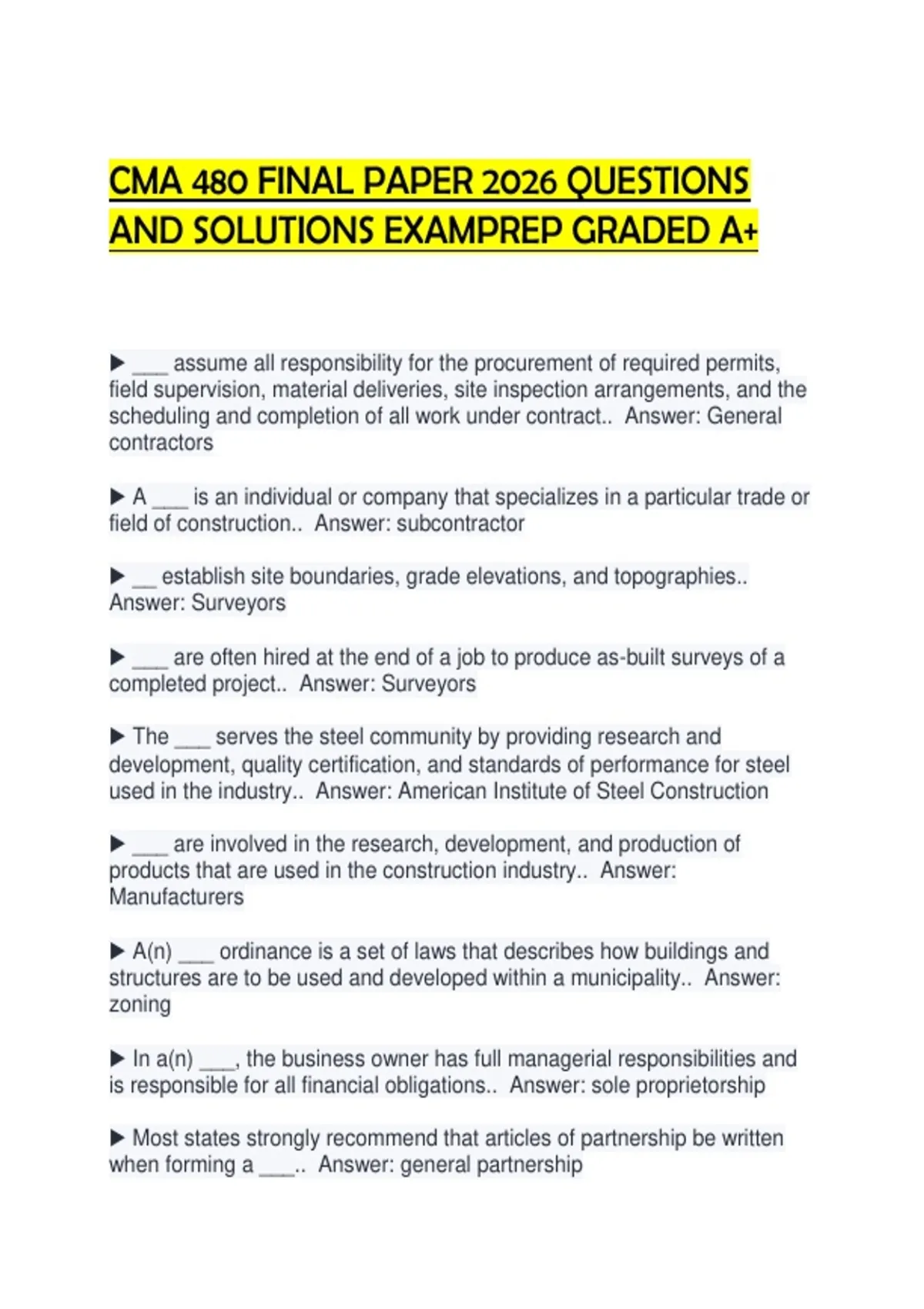 CMA 480 FINAL PAPER 2026 QUESTIONS AND SOLUTIONS EXAMPREP GRADED A+ ...