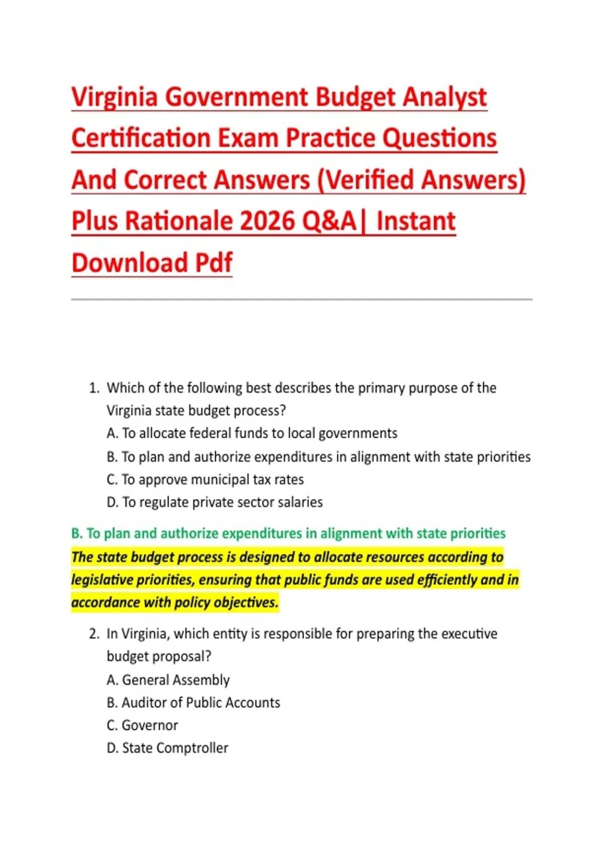 Virginia Government Budget Analyst Certification Exam Practice Questions And Correct Answers ...