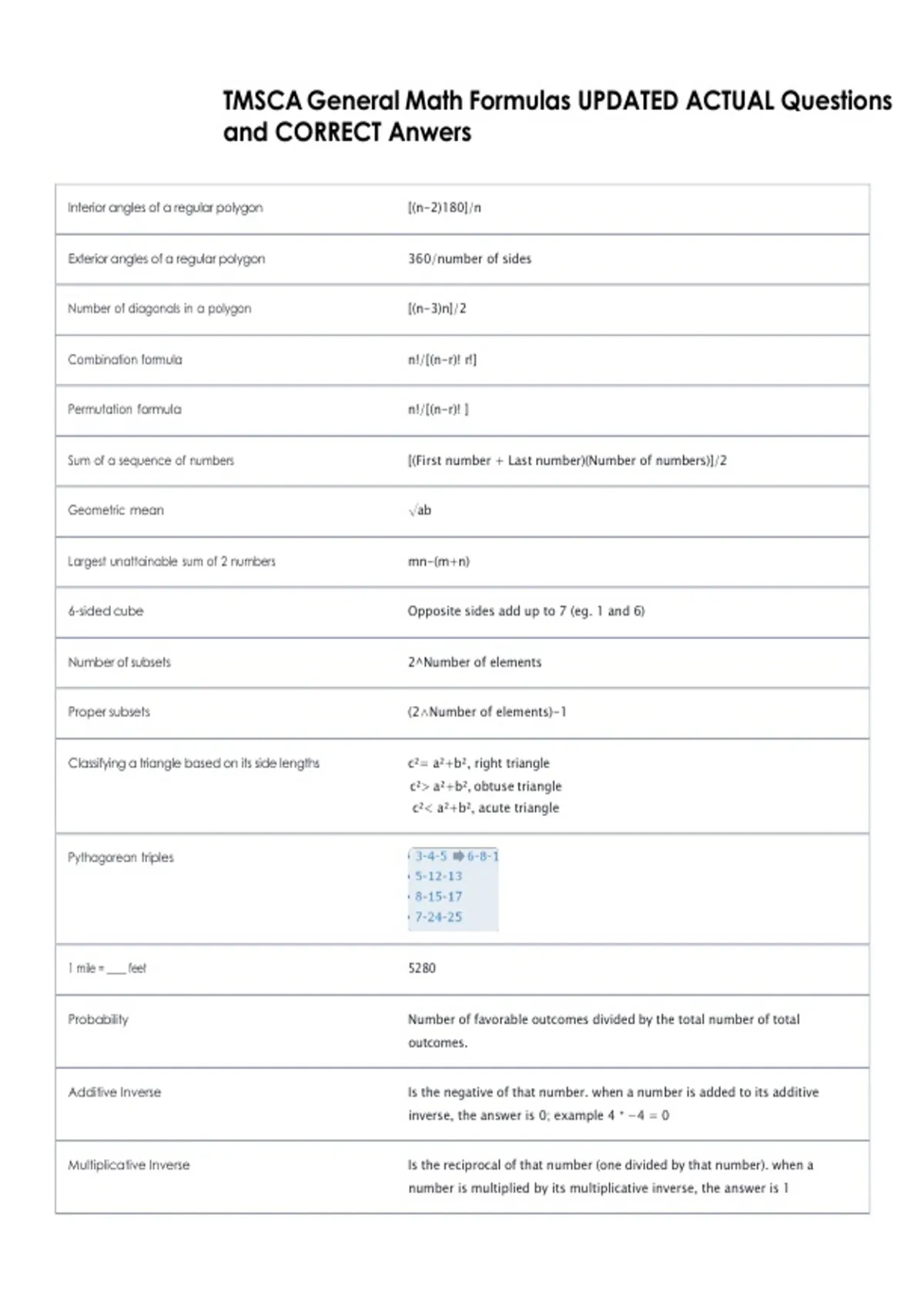 TMSCA General Math Formulas UPDATED ACTUAL Questions and CORRECT Anwers ...